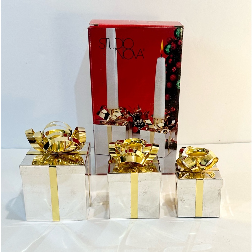 🎄VTG 1999 Set 3 Gold & Silver Plated Box with Bow Candle Holders by Studio Nova